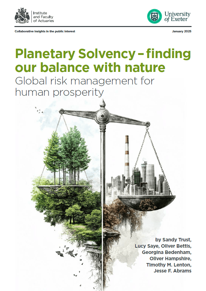 The front cover of the report, titled "Planetary Solvency – finding
our balance with nature
Global risk management for
human prosperity", and an image of weighing scales balancing trees and a city